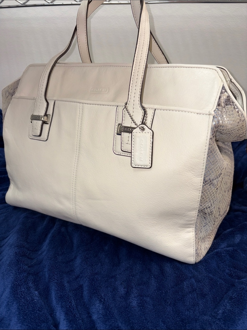 Coach Cream Leather Tote with Snakeskin-Print Sides
